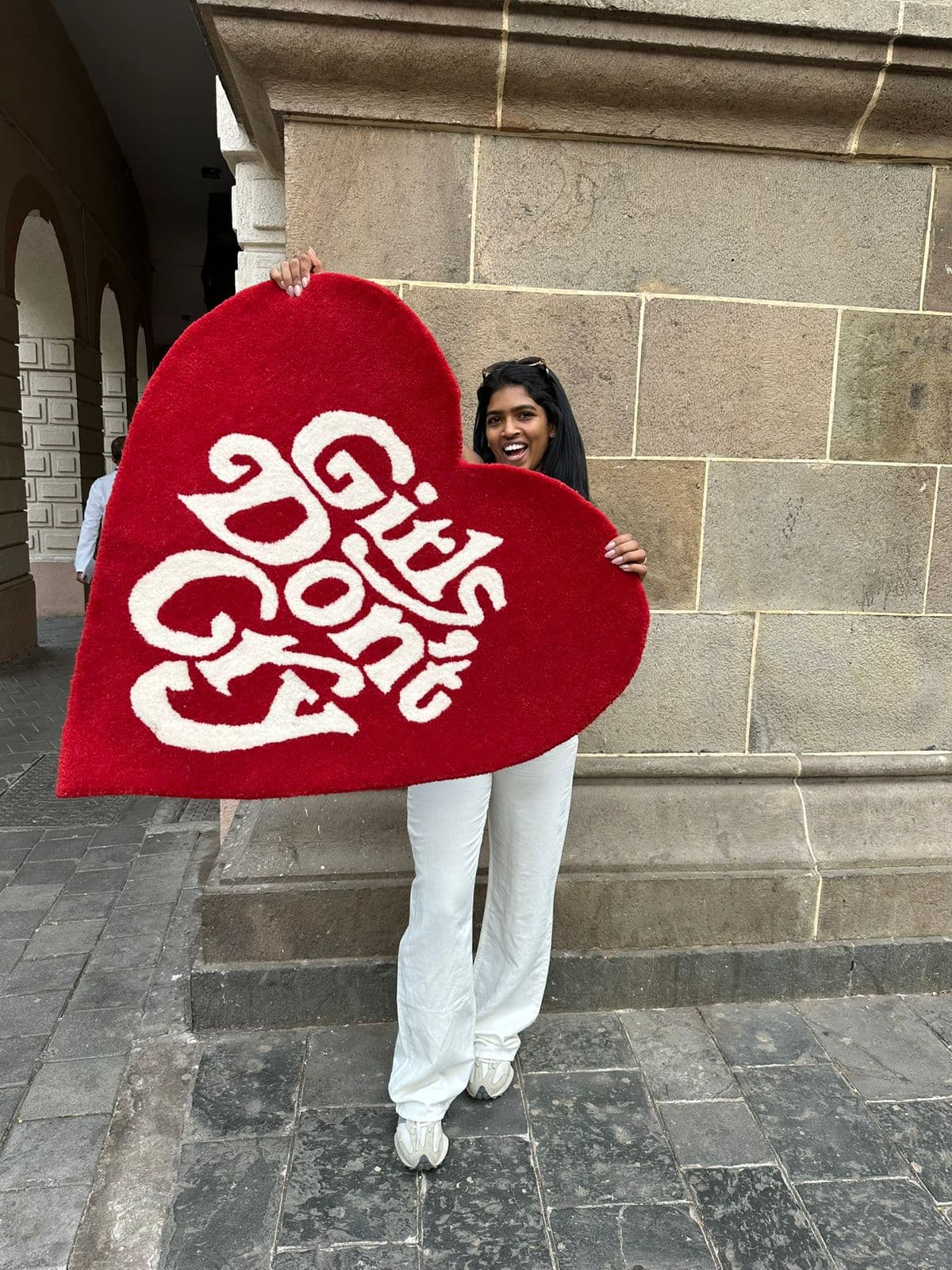Girls Don't Cry red heart-shaped tufted rug